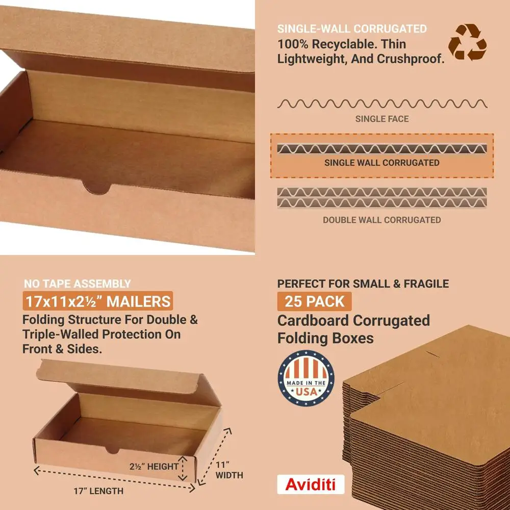 25-Pack 17x11x2.5 Medium Foldable Corrugated Shipping Boxes for Packing, Moving, and Storage