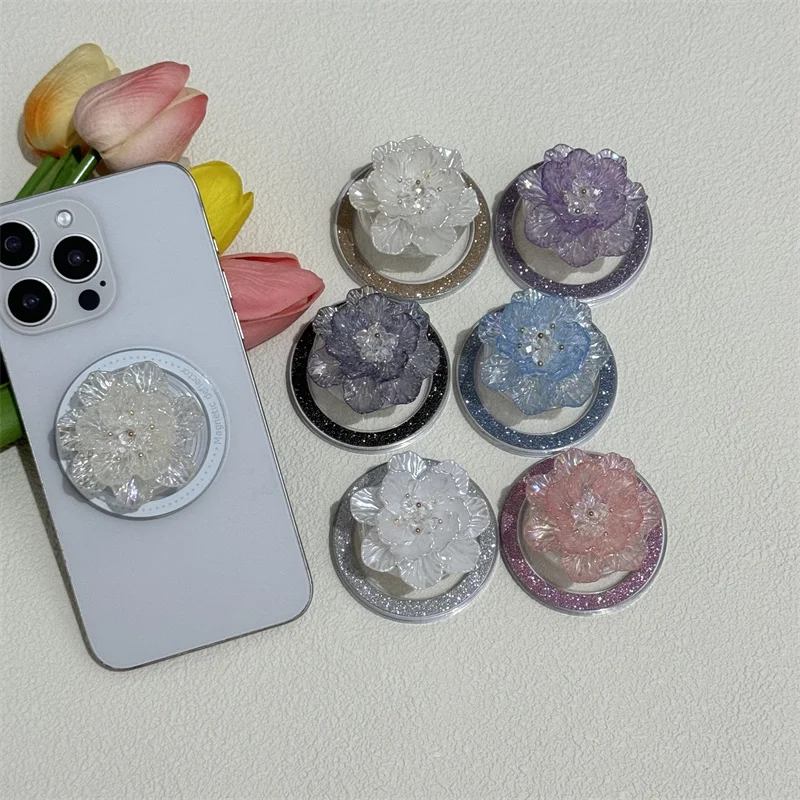 

Роскошные ювелирные изделия с цветком для мобильного телефона Magsafe, магнитная подставка, держатель, ручка Tok, поддержка пластиковых смартфонов с флорой, настольный кронштейн