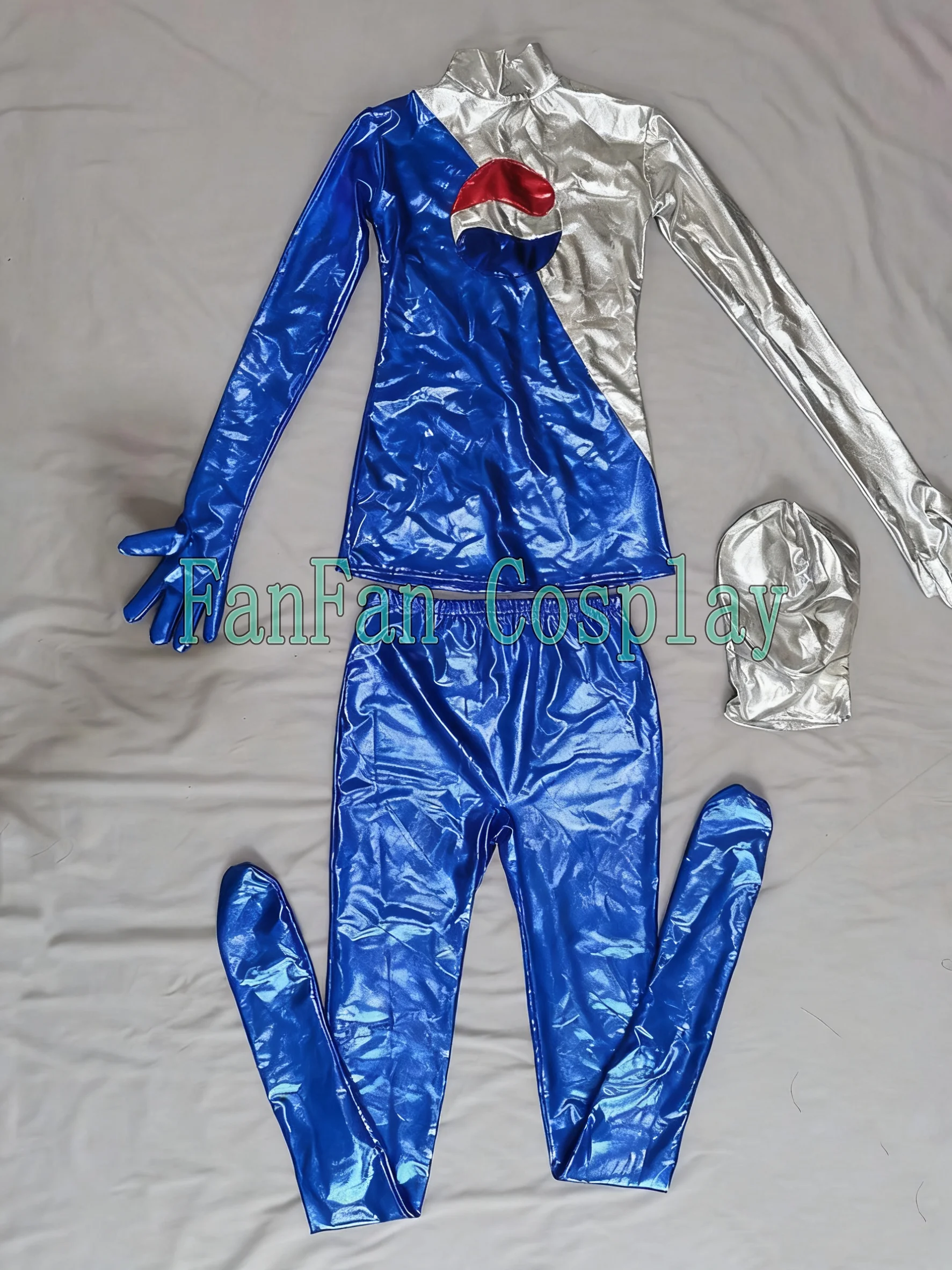أحدث زي Pepsiman التأثيري باللونين الأزرق والفضي اللامع Zentai يناسب أزياء الهالوين للمناسبات والحفلات