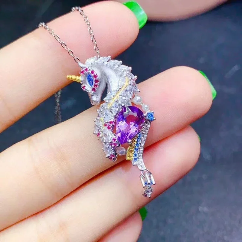 

925 Silver Luxury Natural Amethyst Pendant Unicorn Necklace Women's Jewelry
