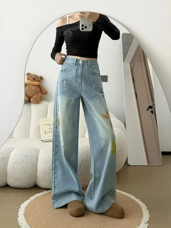 American Style Graffiti Wide Leg Jeans Women's High Waist Straight Cut Jeans Pear Shape plus Size Loose Slimming Drapey Pants