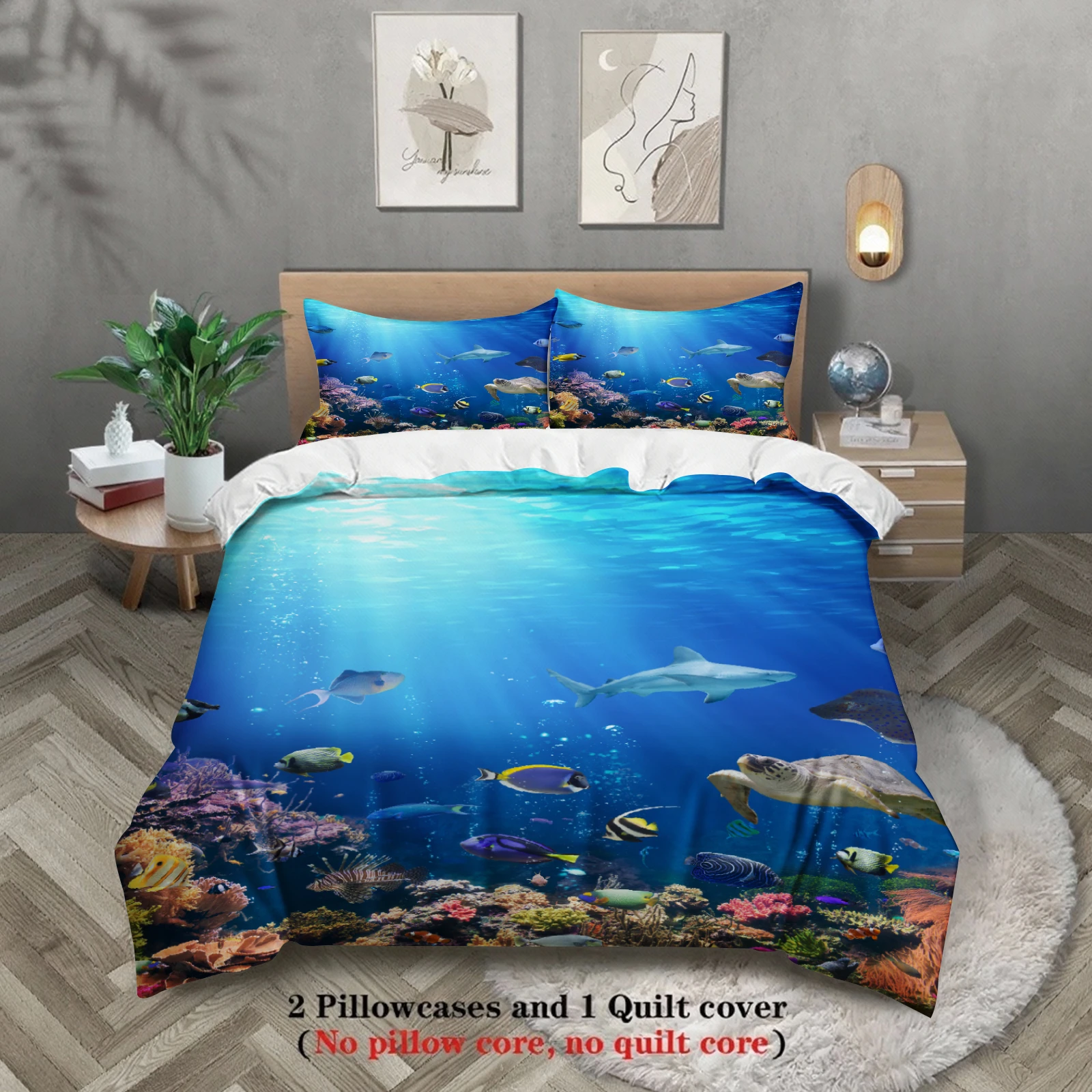 Ocean View Bedding Set Blue Underwater Sea Life Coral Reef Fish And Turtle Print Bedding Duvet Cover Pillowcases For Bedroom