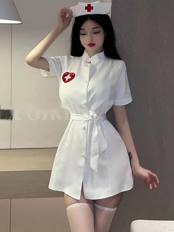 Sexy Nurse Performance Costumes Tie Up Female Off White Belt Loose Dress Role-playing JK Uniform Soft Girl Trendy Clothes  2V9U