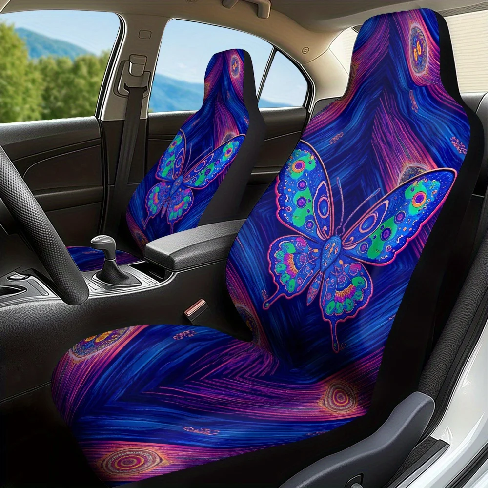 

2pcs Elegant Blue Abstract Geometric Stripes Print Front Seat Covers - Quick-Remove & Washable, Vibrant Purple & Blue Design, Du