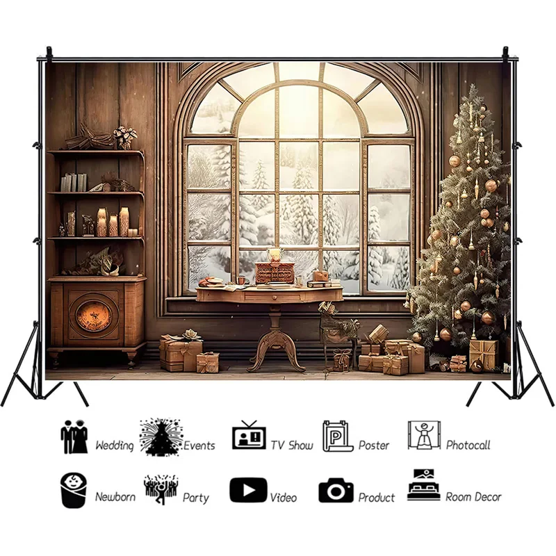 

Vinyl Custom Christmas Tree Window Candy Photography Backdrop Wooden Doors Snowman Cinema Pine New Year Background Prop LA-33