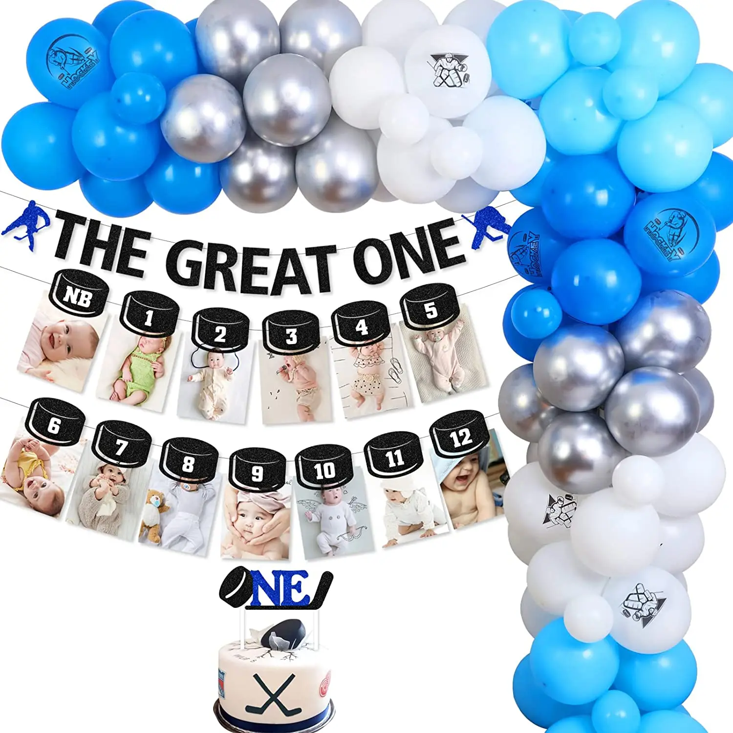 

Funmemoir Hockey 1st Birthday Party Decoration Blue Balloon Garland The Great One Banner Hockey Photo Banner Cake Topper for Boy