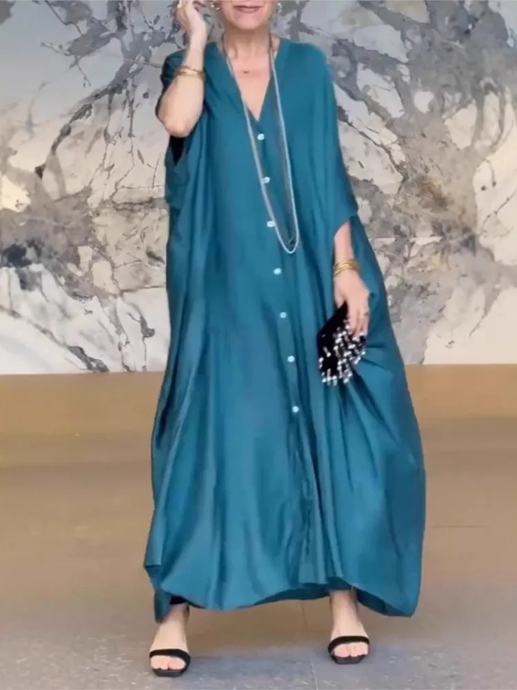 레이디 캐주얼 루즈 드레스 여성을위한 패션 솔리드 V 넥 버튼 긴 드레스 휴일 파티 드레스 여성 의류 여름 새로운 2025