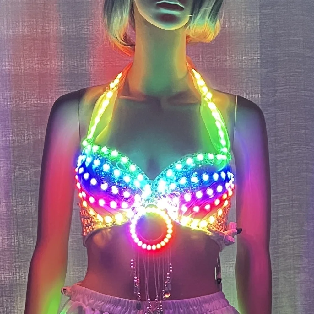 

Customized Colorful RGB Women's LED Luminous Clothes Bar Nightclub DJ Luminous Bra Performance Costum танцевальный костюм