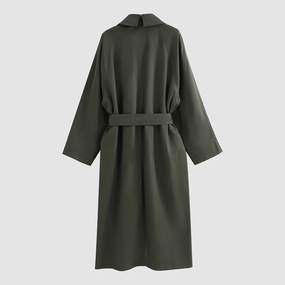Ladies Lapel Long Trench Coat Tie Belt Waist Loose Fit Maxi Windbreaker Raglan Sleeve Elegant Oversized Women Outerwear Jacket