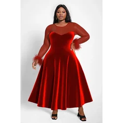 Plus Size Christmas Party A-line Midi Dresses Elegant Red Fall Winter Crew Neck Long Sleeve See Through Velvet Midi Dresses