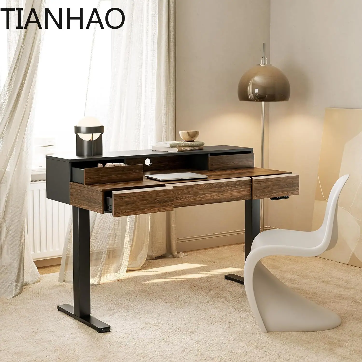 Electric Standing Desk with Drawers, 48 Inches Height Adjustable Stand Up Desk with Monitor Shelf, Whole-Piece Board Computer