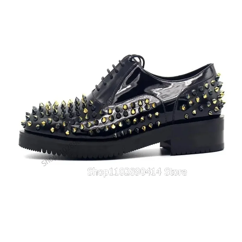 Gold Rivets Decor Black Patent Leather High Top Loafers Fashion Lace Up Men Shoes Luxury Handmade Party Banquet Men Dress Shoes