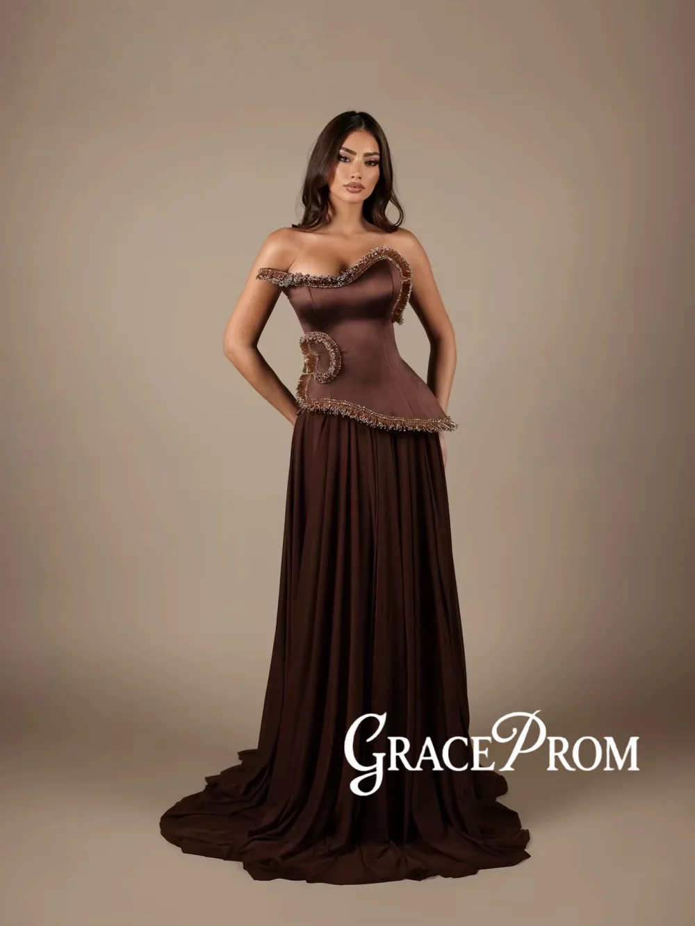 

Brown Sparkly Beaded Long Evening Dress Structured Corset A-line Wedding Party Gown Customized One Shoulder Long Banquet Dresses