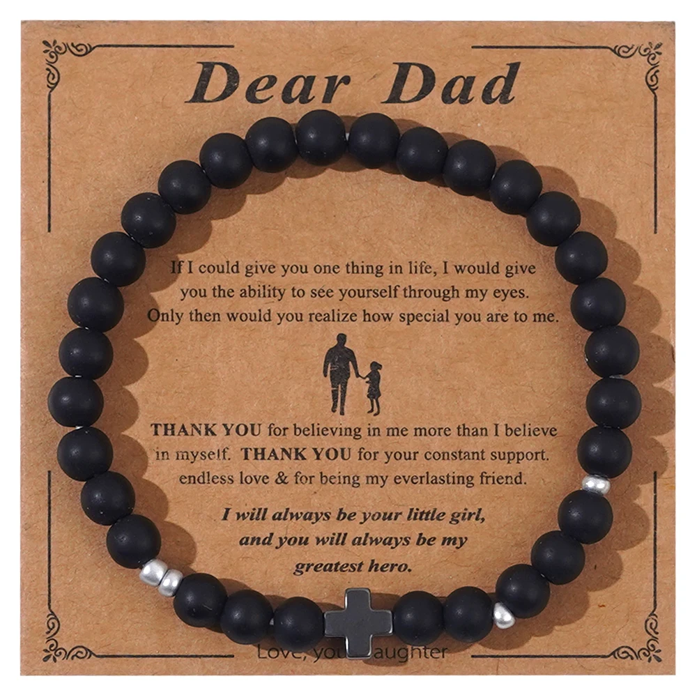 1pc Son Or Daughter Gifts Father's Day to Dad Elastic Matte Black Agate Stacked Steel Cross My Heroic Charm Bracelet