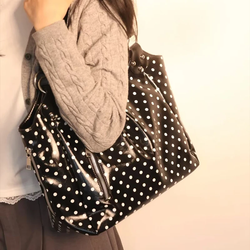 Y2k Patent Leather Rivet Work Shoulder Bag, Vintage Polka Dot Shopping Underarm Purse, Dual Hidden Zipper Large Travel Tote
