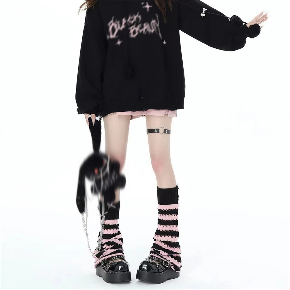 Autumn Winter Black Pink Striped Hollow Pile Socks Sweet Cool JK Leg Warmers Japanese Soft Girls Knitted Lolita Calf Foot Covers