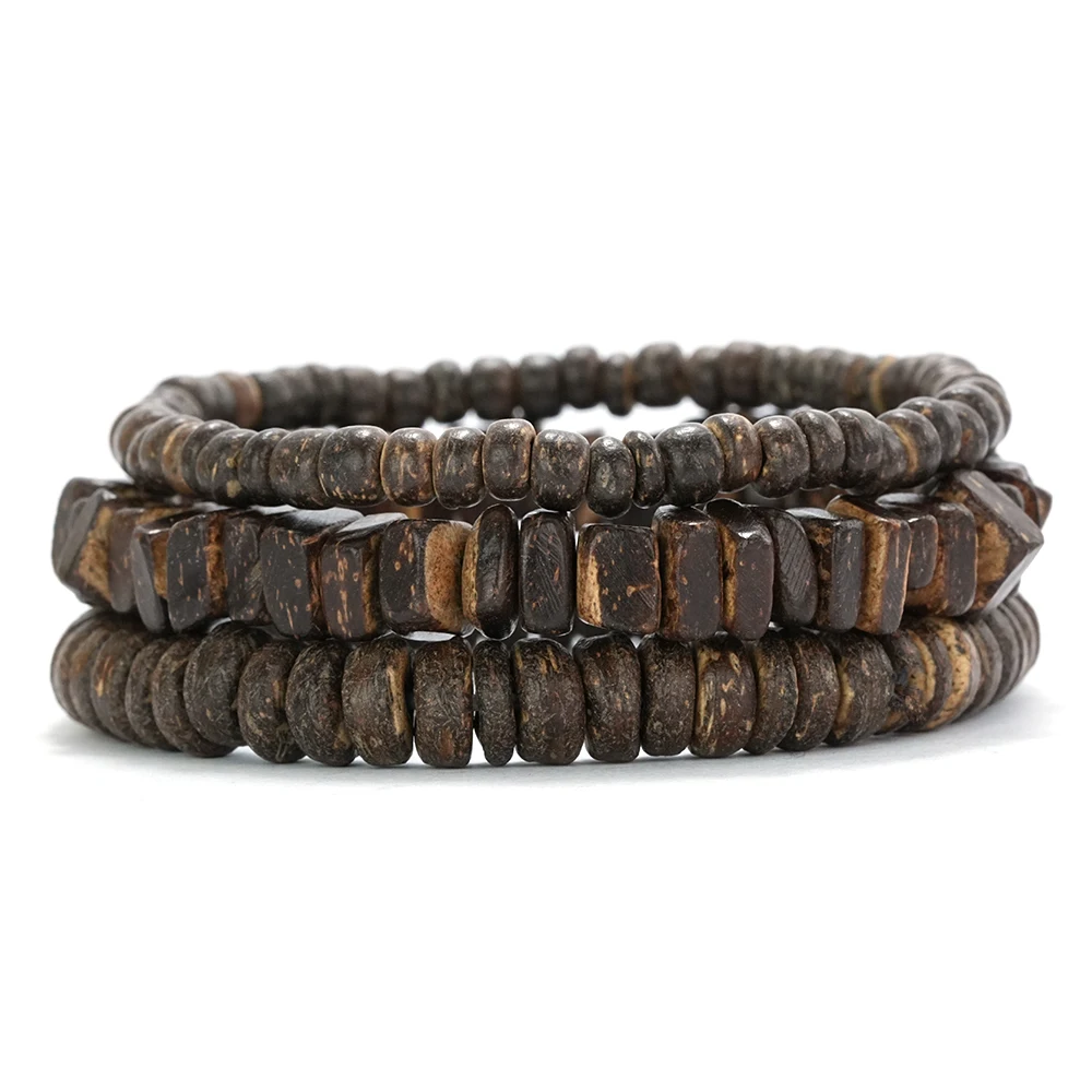 3Pcs/Set Natural Coconut Wood Bead Bracelet Men Vintage Ethnic Beaded Bracelet Jewelry Gift