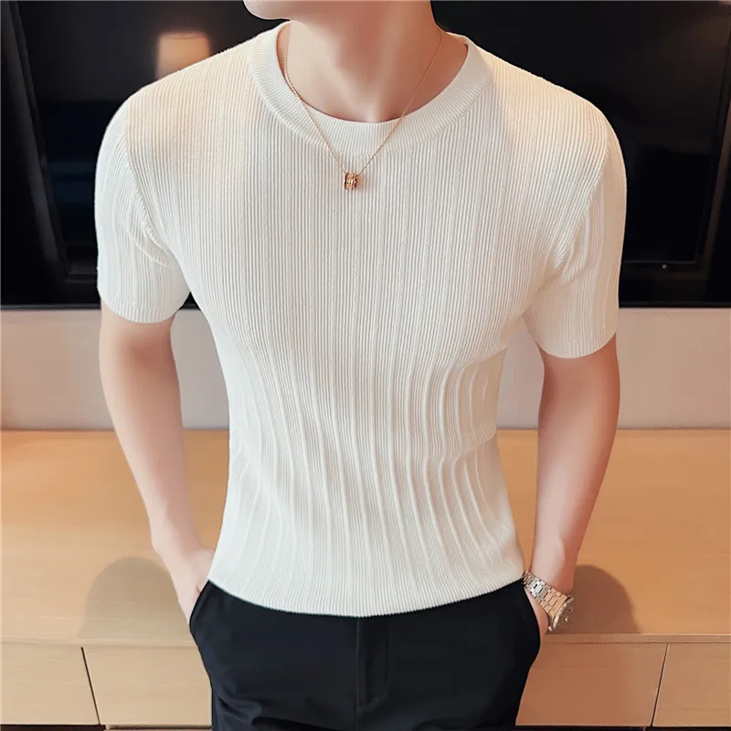 2022 Brand Clothing Men's Summer Leisure Short Sleeve T-Shirt/Male Slim Fit O-Neck Stripe Knitted T-Shirt Plus Size S-4XL