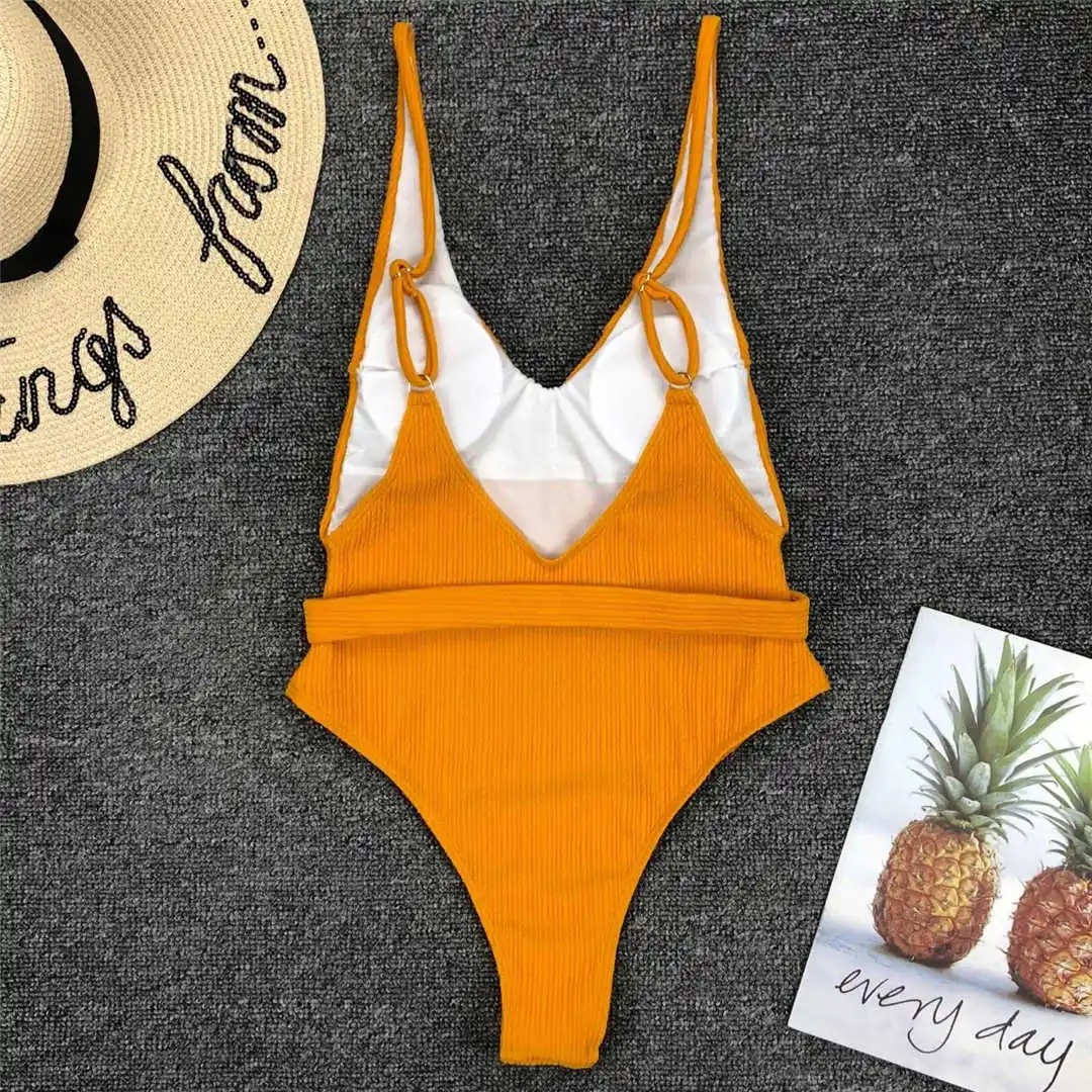 6 Farben, sexy Damen-Badeanzug, gerippt, mit hohem Beinausschnitt, einteiliger Badeanzug für Damen, mit Gürtel, Badebekleidung, Monokini, Damenmodell V1159SW. – Detail 34