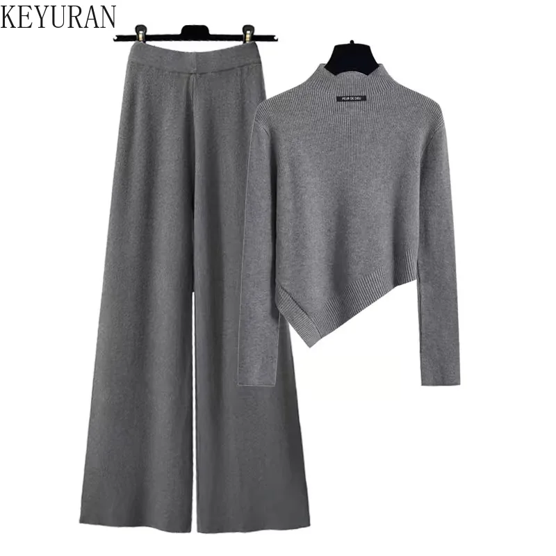 2024 Autumn Winter Knit Set for Women O-Neck Long Sleeve Irregular Pullover Sweater + Wide Leg Pants 2 Piece Sets Womens Outfits