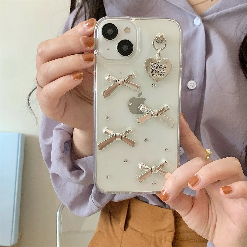 Korean Cute 3D Heart Pendant Metal Bow Silver foil Epoxy Case for iPhone 15 14 13 12 Pro Max 11 Protective Shockproof Soft Cover