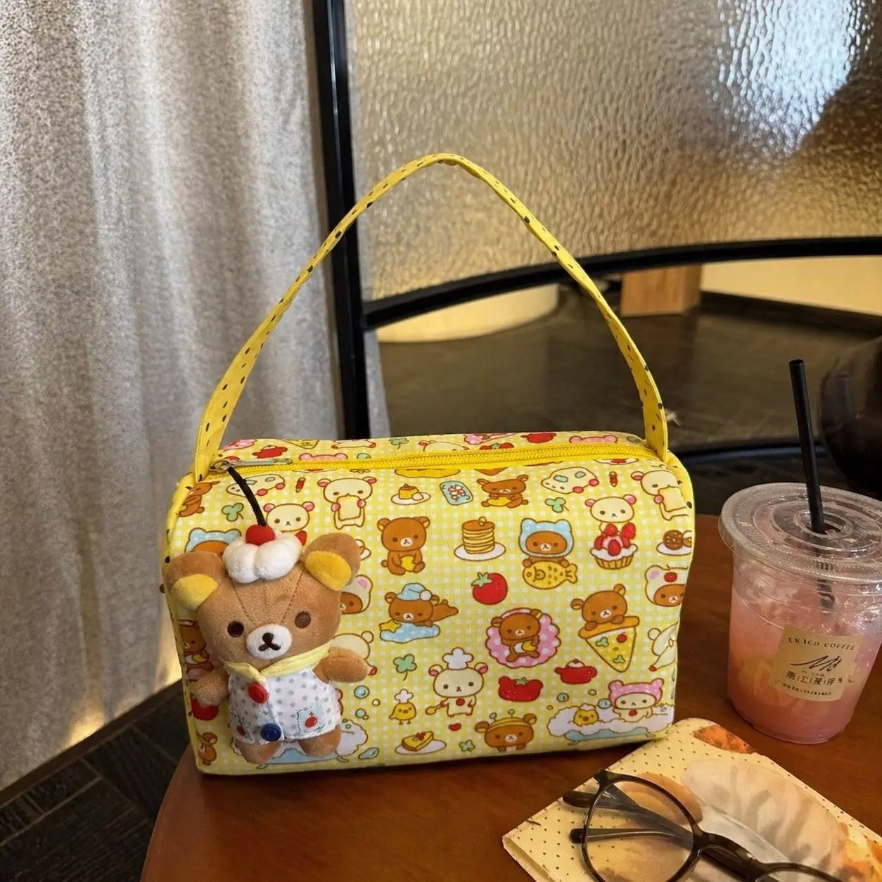2026 New Cartoon Rilakkuma Korilakkuma Tote Bag Portable Large Capacity Makeup Bag Commute Travel Toiletry Storage Bag Organizer