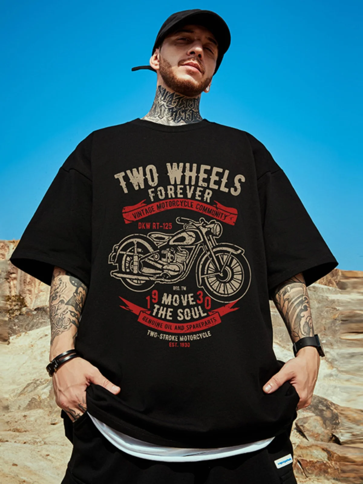 

Heavy Locomotive Tide Brand Loose T-shirt Fat Man Short-sleeved Men's Guochao Half-sleeved Pure Cotton Men's Summer Motorcycle T