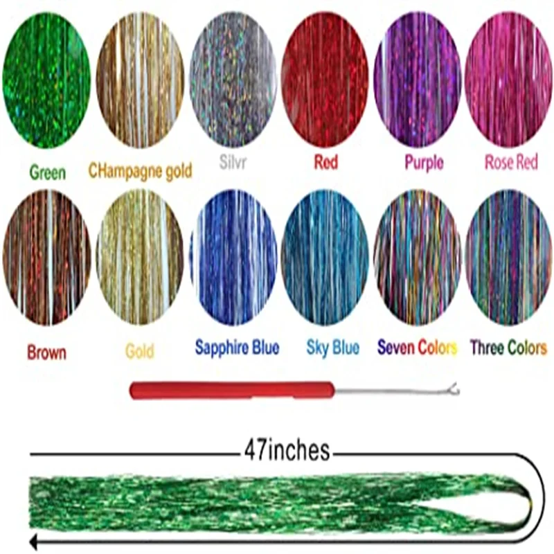 47 Inch 12 Colors Hair Tinsel With Tool Sparkling Dazzle Glitter Shiny Hair Extensions Hair Silk Tinsel Heat Resistant