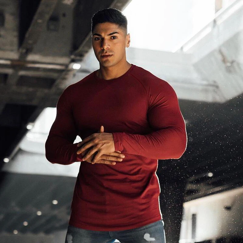 Spring Autumn Slim Fit Cotton Fitness Long Sleeve T Shirt Men Sports T-Shirt O-neck Running Tee Shirt Gym Bodybuilding Tshirt