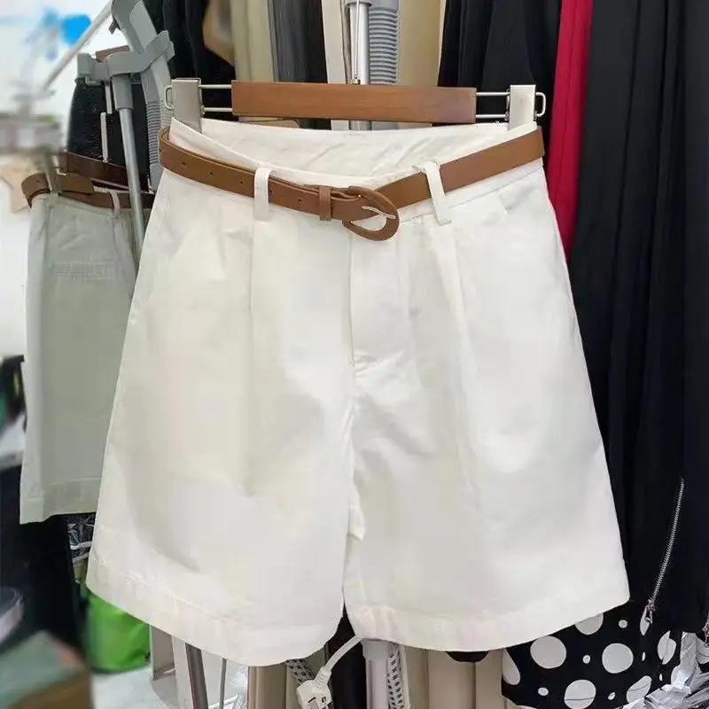 Women's Cotton Summer Korean Fashion Shorts Casual Loose High Waist Wide Leg Five-Point Shorts With Belt