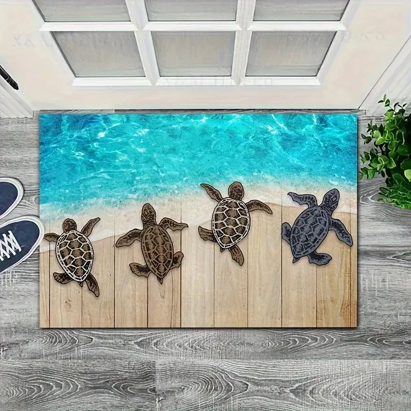 2D Flat Print Ocean Waves Seashells Design Welcome Doormat for Comfortable for Living Room Bedroom Bathroom Kitchen Door Mat