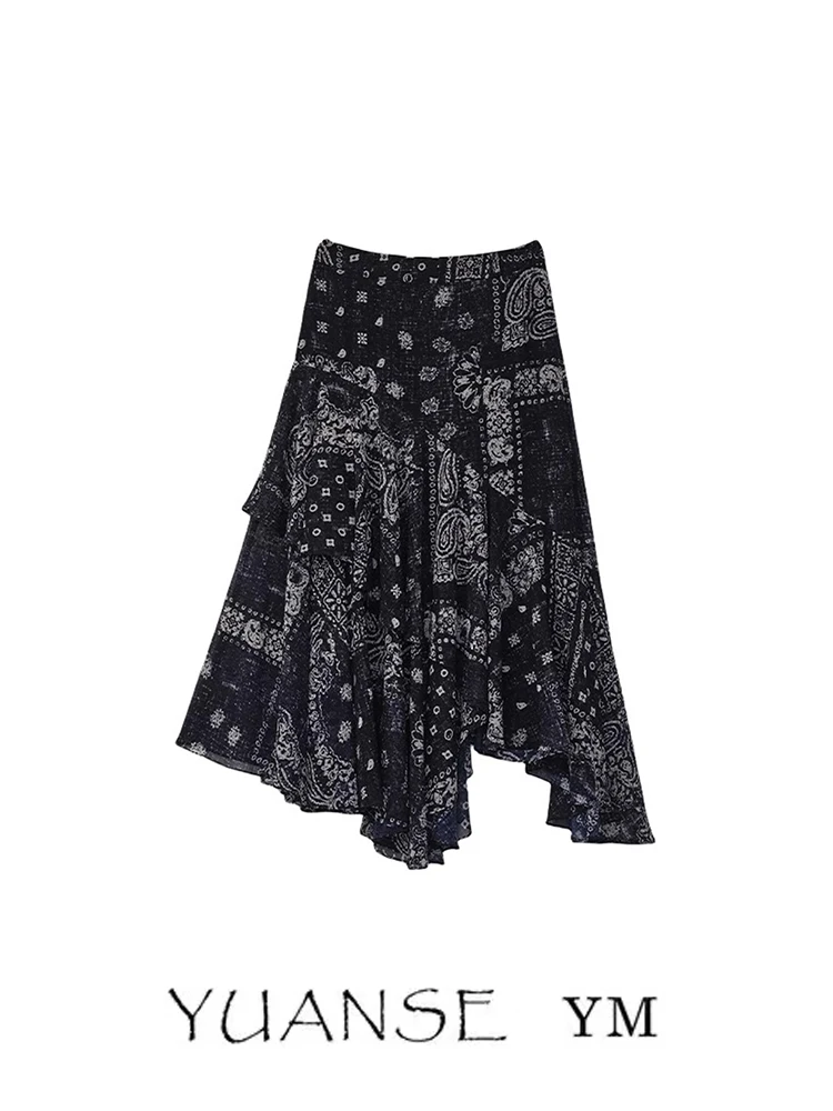 빈티지 페이즐리 프린트 미디 스커트 다용도 레트로 비대칭 A라인 여성 스커트 중간 허리 일상복 기타 소재