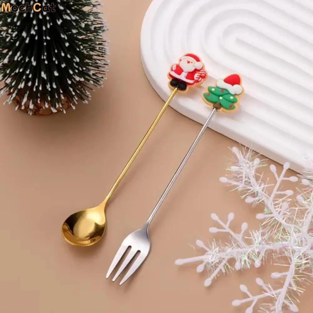 

Stainless Steel Christmas Spoons Forks Set Elk Christmas Tree Gingerbread Man Gold Silver Dessert Fork Multifunctional