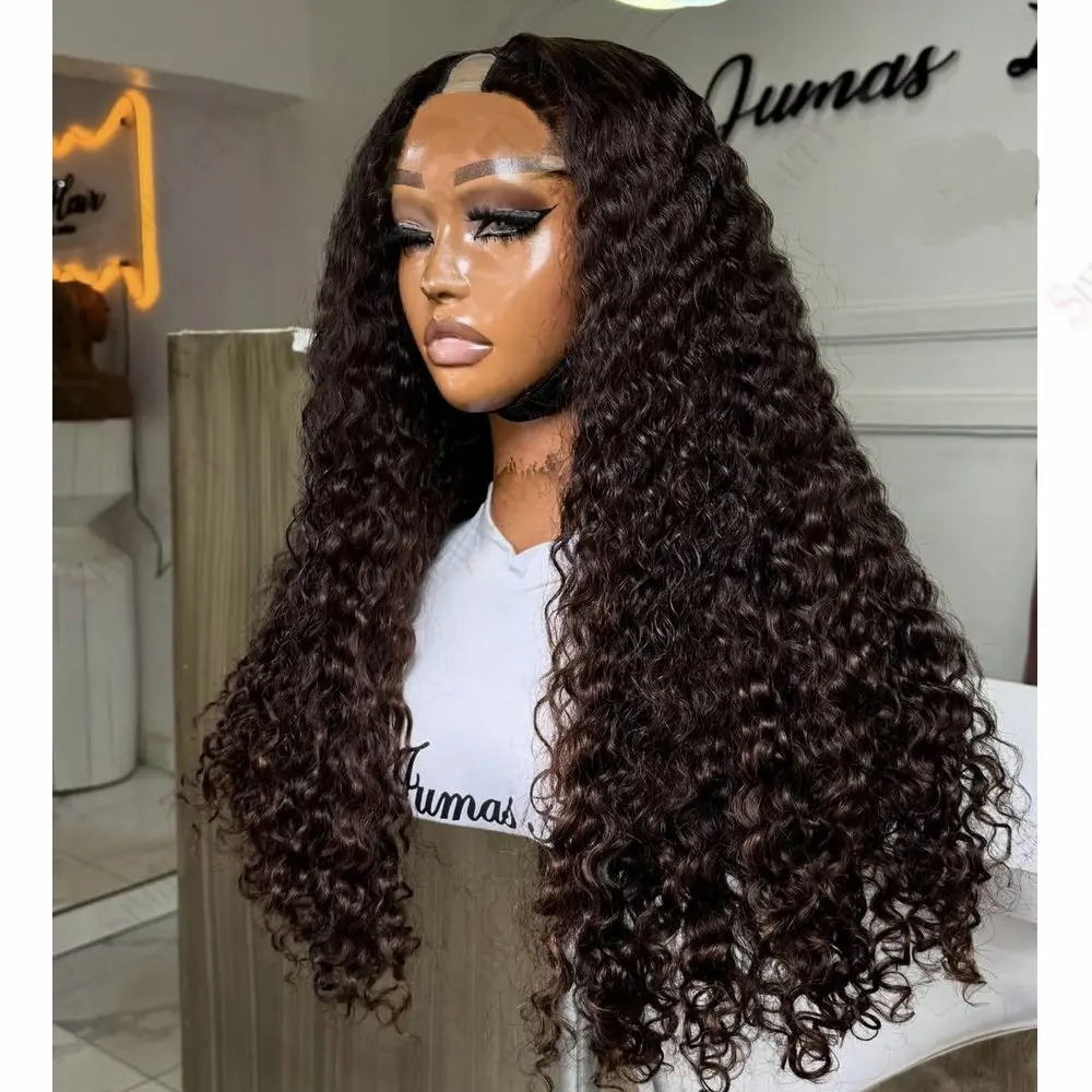 

Человеческие волосы 1x4, открывающиеся U-образные парики для чернокожих женщин, бесклеевые, полностью машинного производства, странные вьющиеся 2 # Темно-коричневый парик с V-образной частью и зажимами