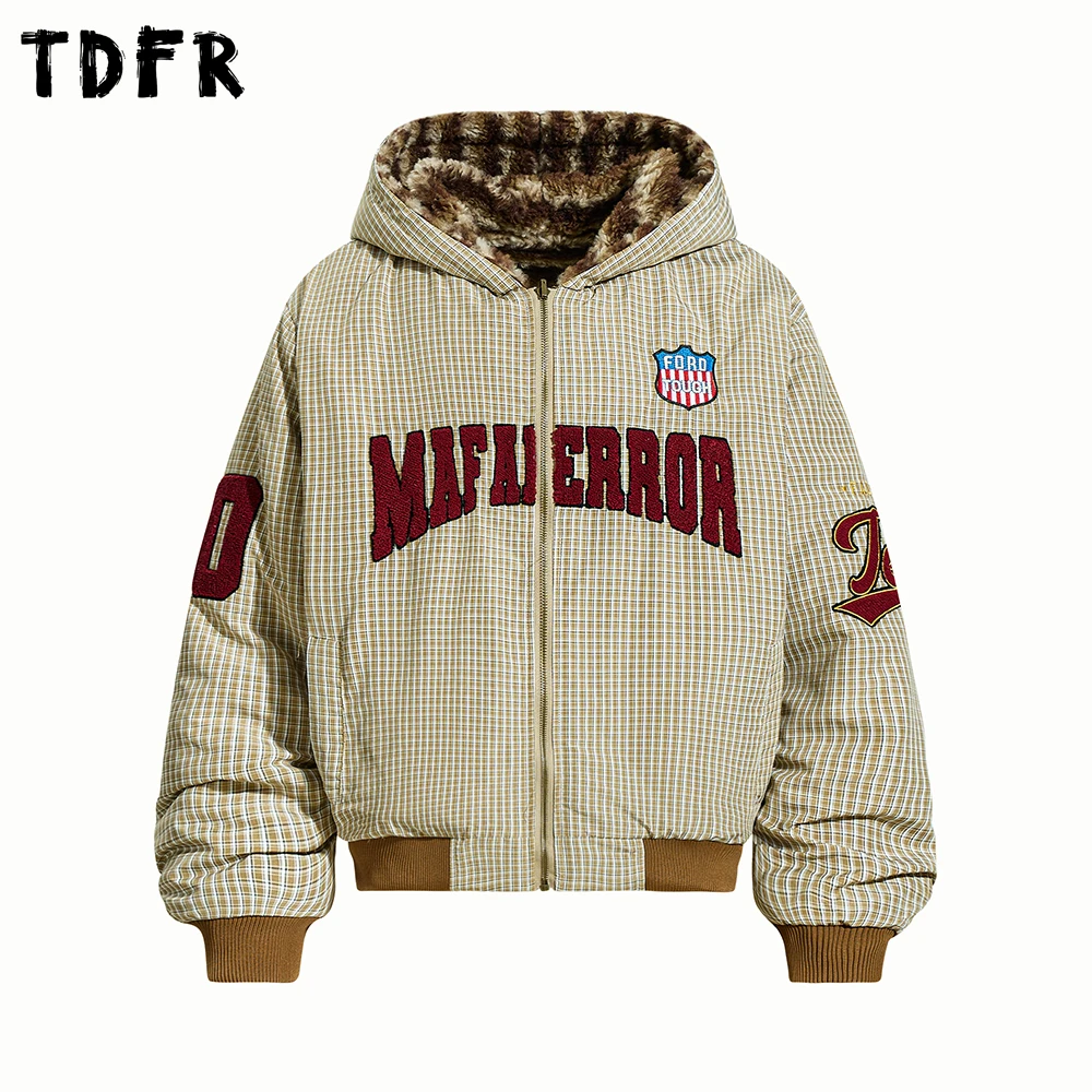 

Letter Embroidery Plaid Double-sided Jacket Mens Retro Casual Winter Thick Long Sleeve Hooded Sherpa Outerwear Man