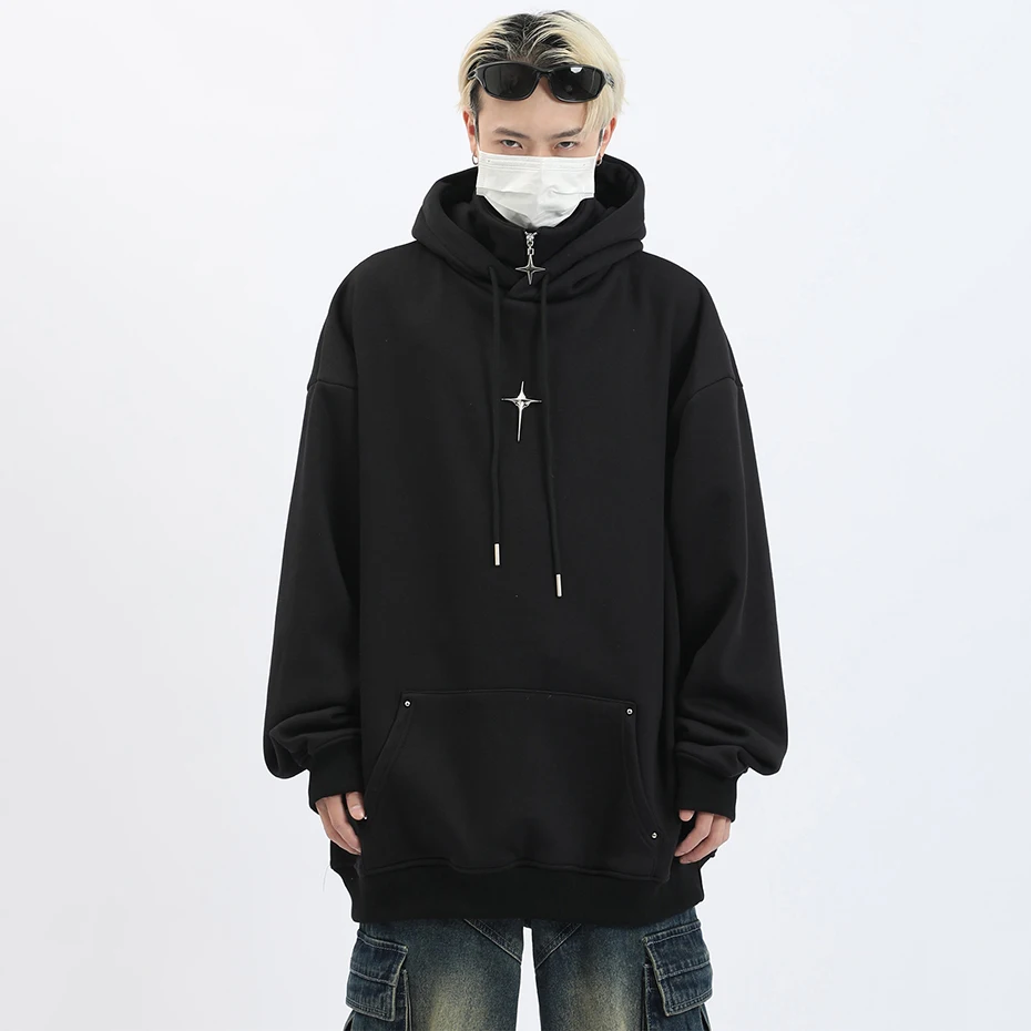 Y2K Harajuku Hoodie Oversized Hooded Sweatshirts Zipper High Neck Techwear Hoodies Unisex Fashion Casual Pullovers Streetwear