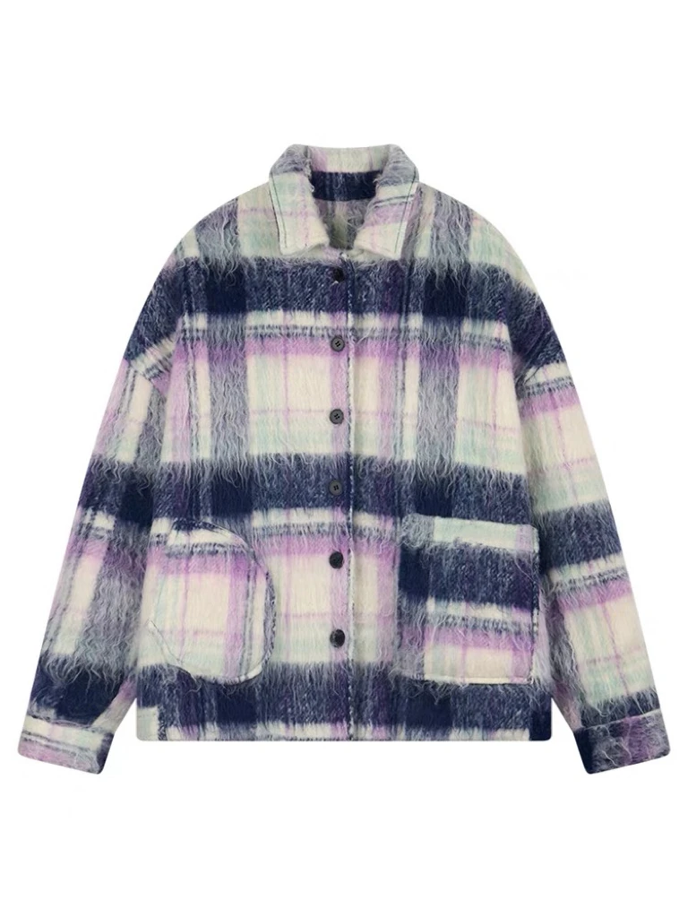 

American Street Sle Patchwork Color Blo Plaid Woolen Jaet Loose Casual ex Winter Trendy Brand Couple's Plaid Coat