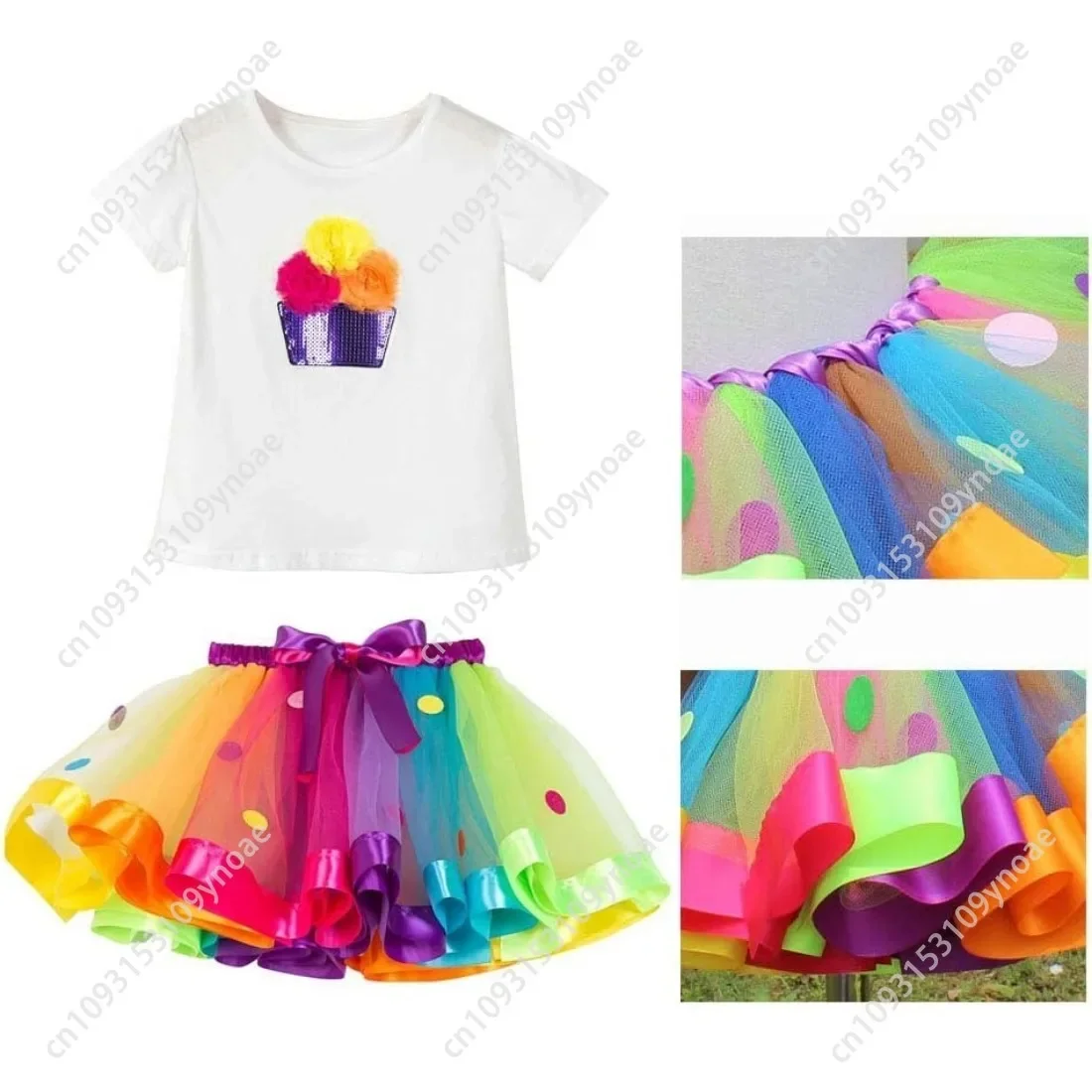 Falda de pastel, conjunto de 2 piezas, falda tutú bonita para mujeres y adolescentes, Top de manga corta de algodón, faldas de Ballet de lunares de arcoíris, collar y pulsera