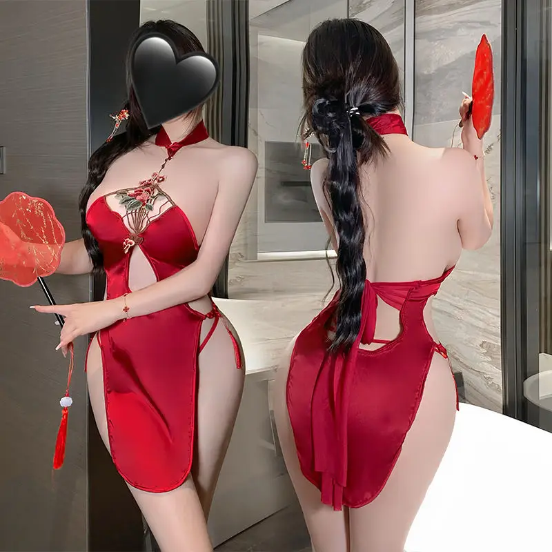 Neo-chinese Style Sexy Lingerie Cheongsam Hollow Design High Waist Is Slimming High Slit Hemline Backless Embroidered Peonies