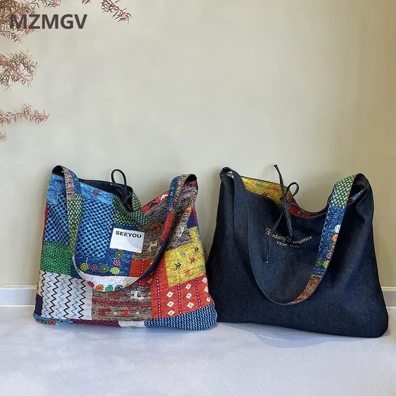 

2025 Bohemia Women's Canvas Shoulder Bag Large Capacity Versatile Ethnic Style Reversible Design Female Shopping Crossbody Bag