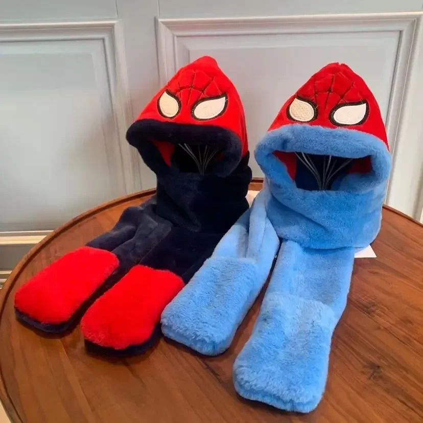 Marvel Spiderman nuevo invierno salir cálido gorro bordado de felpa bufanda integrada y guantes conjunto de tres piezas para hombres y mujeres