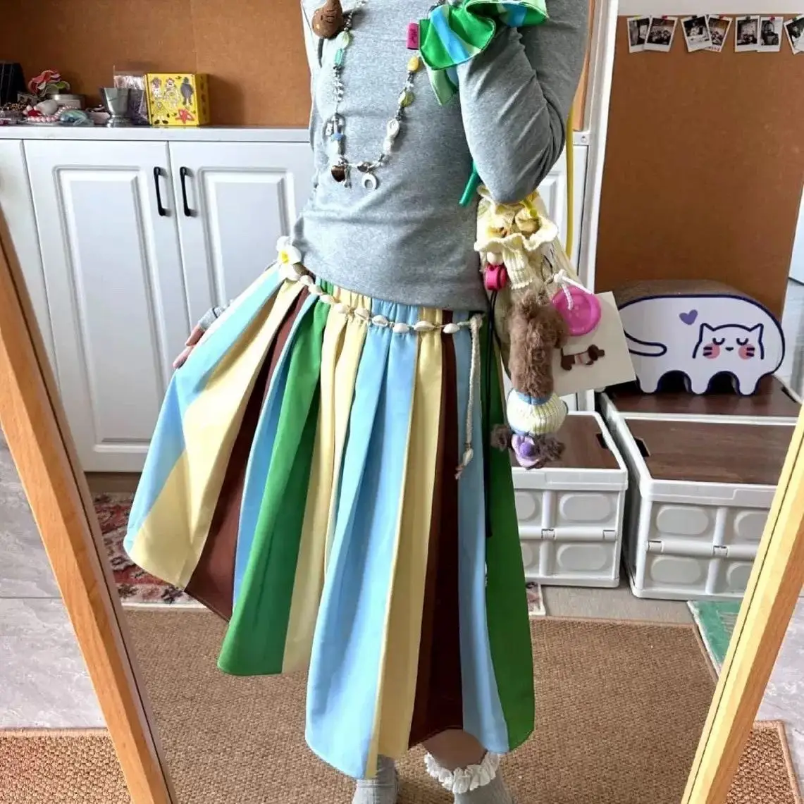 

Gagarich Fashion Colorful Striped Printed Pleated Umbrella Half Skirt Design Niche Casual Versatile Mid Length Skirts Women