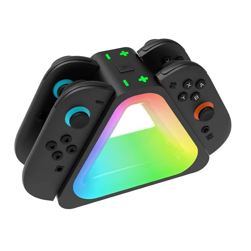Ładowarka do 2 kontrolerów Joy-Con Switch, stacja szybkiego ładowania 4 w 1 do kontrolerów NS2, trójkątny kształt z podświetleniem RGB LED