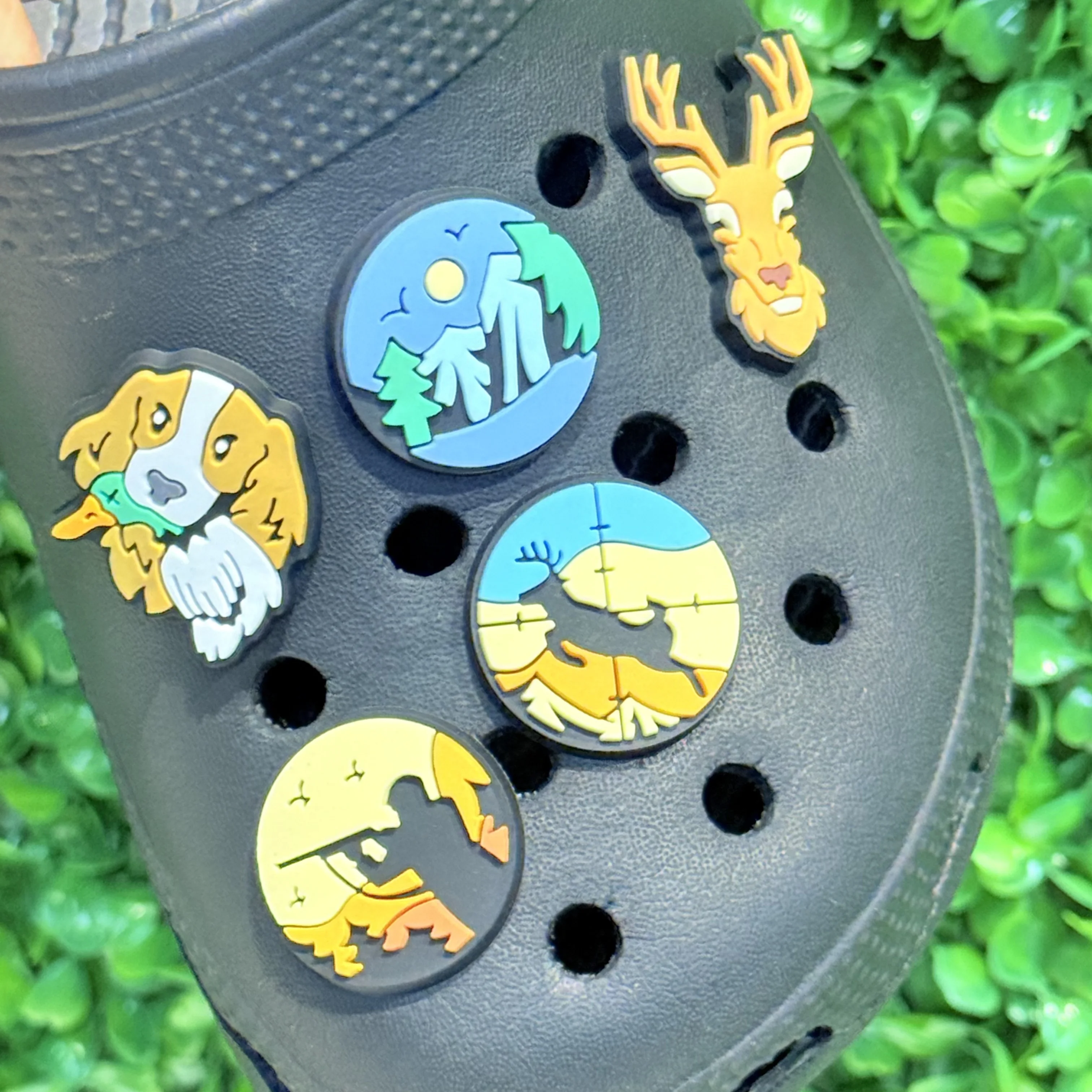 1-13Pcs Shotgun Dog Bear Hunter PVC Slipper Buckle Accessories Hunting Man Shoe Charms Fit Cool Holiday Gifts