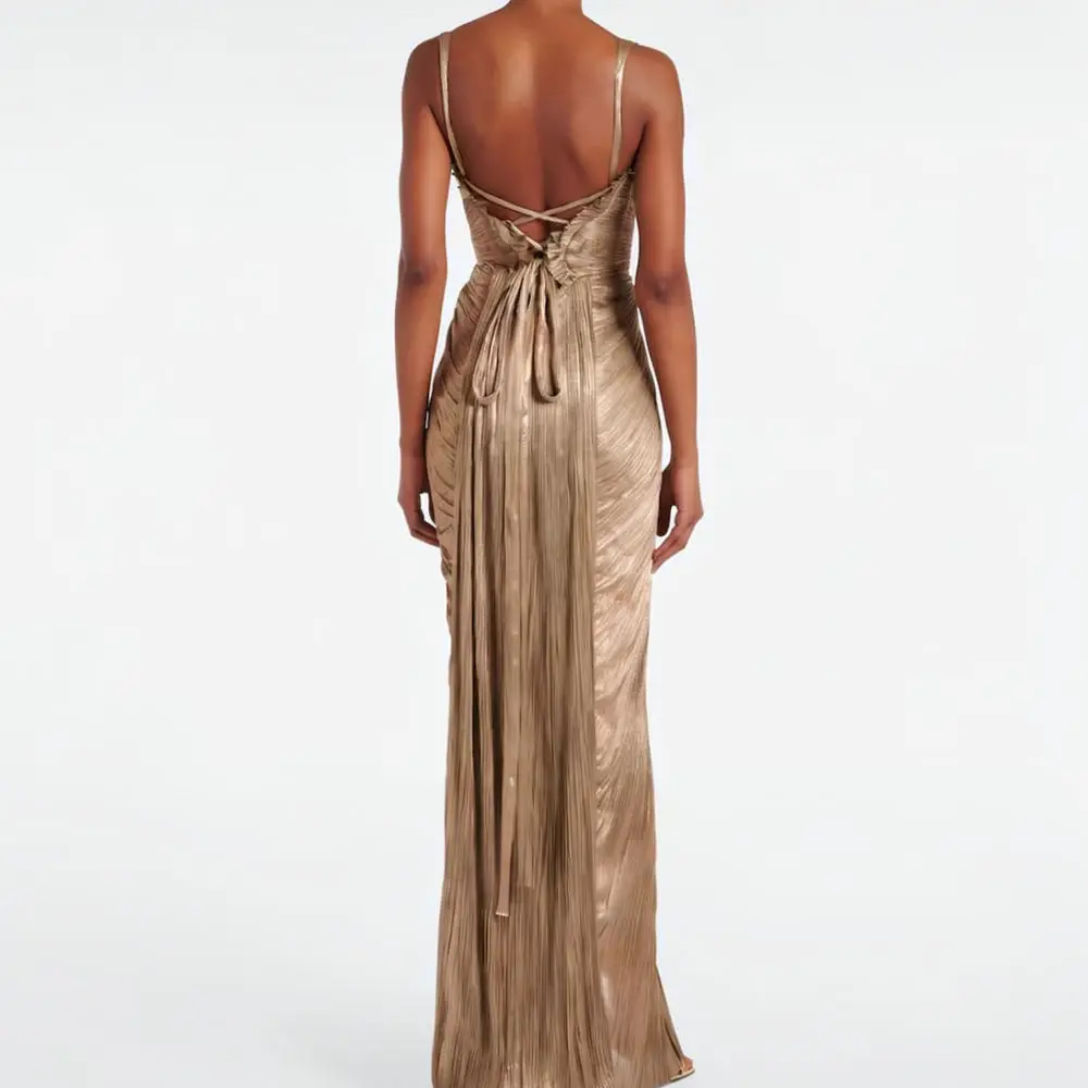 Elegant Pleated Gold Metallic Dress Women Summer Sleeveless Split Hem Lace Up Bodycon Sexy Evening Party Casual Long Gowns