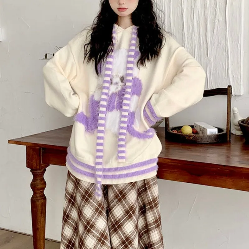 秋と冬のドーパミンニッチカーディガンフード付きセーター女性のためのかわいいストライプカラーブロックウサギの耳コートトレンディ
