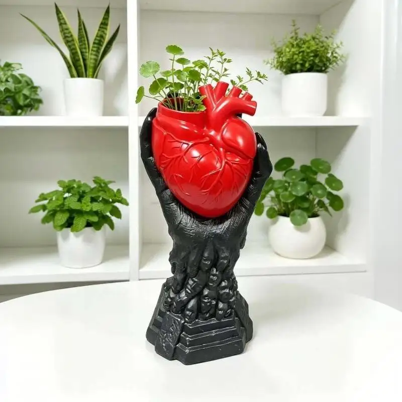 [1pc Gothic Anatomical Heart Resin Vase Unique Skull Base Perfect For Halloween Decor Dark Home Party Ornaments]