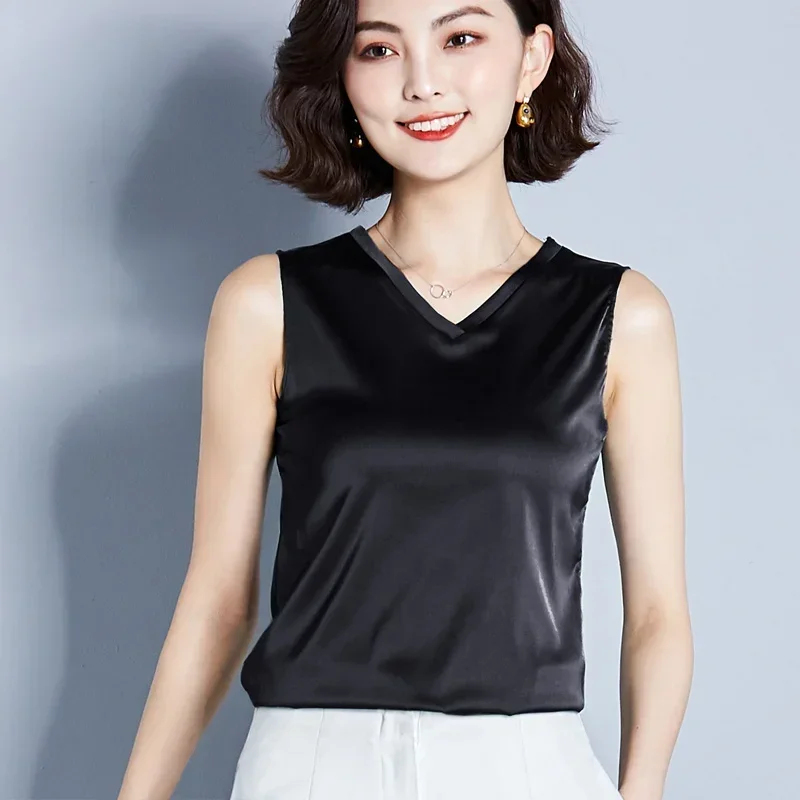 

Sexy Silk imitation vest women sleeveless top summer v-neck Solid color blouse shirt