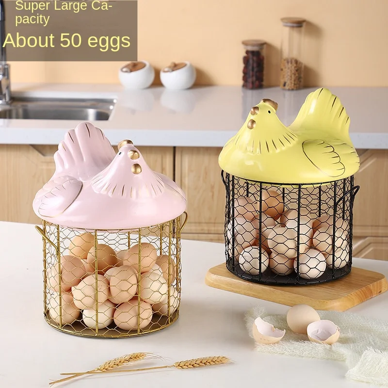 Creative Art Hen Ceramic Egg Fruit Basket Kitchen Storage Box Cute Animal Metal Garlic Potato Storage Basket Kitchen Utensils