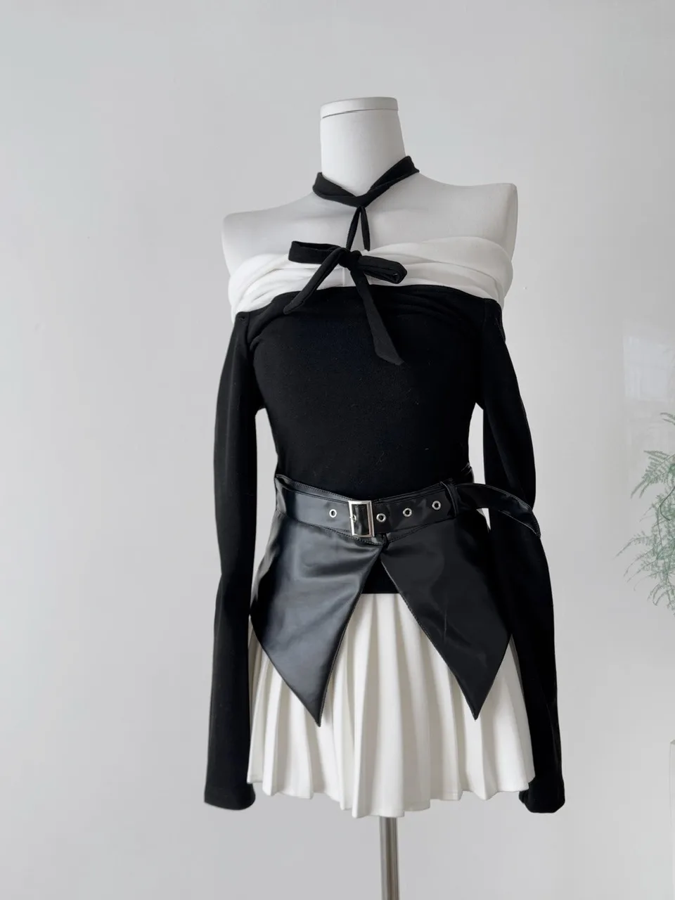 Ele Color Blo oulder Long Sve Blouse with f Skirt Pleated Ne Hanging Design Autumn Winter New Arrival